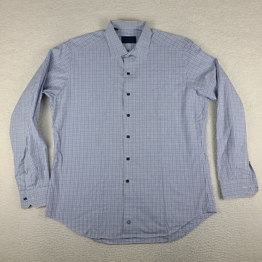 David Donahue Shirt Mens XL Blue Plaid 100% Cotton Dress Button Up *‎